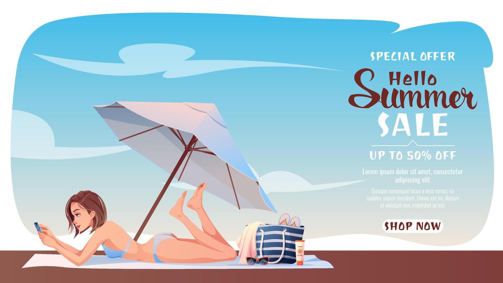 Banner with Beautiful woman sunbathing under an umbrella on a tropical beach. A relaxing holiday at sea. Summer holiday, beach, relaxation. For cards, banners, posters. Hello summer. vector
