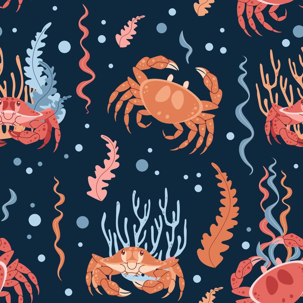 Seamless pattern with cartoon crab. Background with sea animal, seaweed in flat style. Suitable for decoration, design, stickers vector