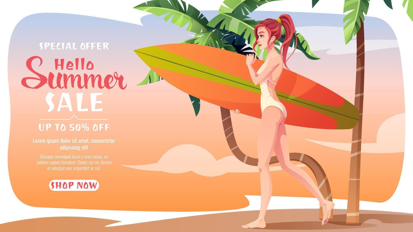 Banner with Beautiful Woman is engaged in active recreation on the beach. surfing on the sea. Summer holiday, beach, relaxation. For cards, banners, posters. Hello summer. vector