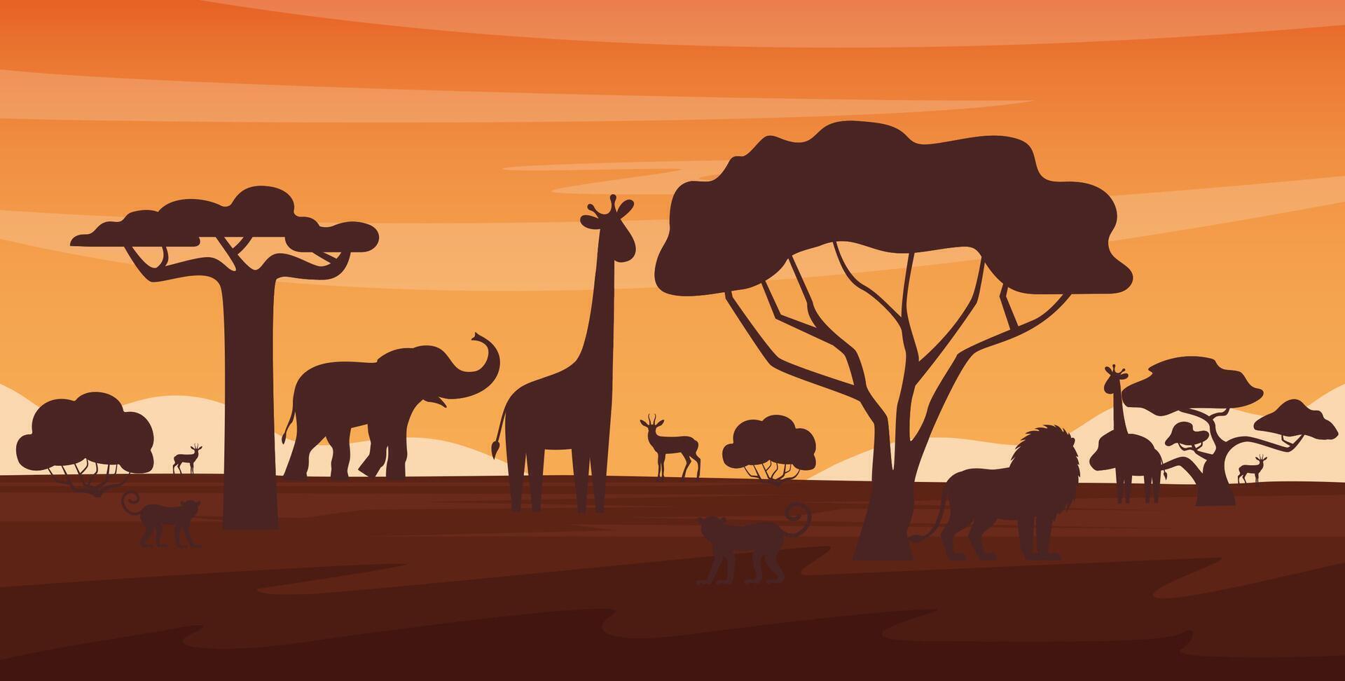 Sunset African landscape with wild animals. Welcome to Africa poster template. . vector