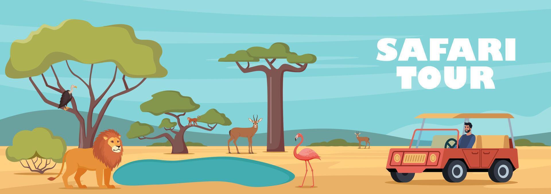 Safari tour of african wildlife. Design for tourism, travel, expedition and adventure. Banner, poster template. Horizontal African landscape with tropical animals, trees in warm colors. . vector