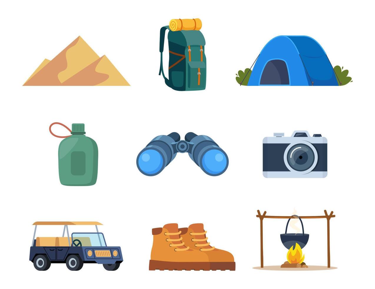 Africa and Safari tourist equipment elements and icons. Binocular, backpack, photo camera, camel, dunes, safari jeep, boots, water flask. . vector