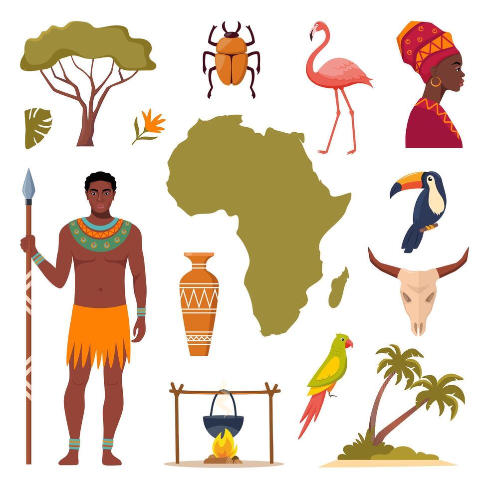 African ethnic style icons. African map, trees, people, animals, birds. . vector