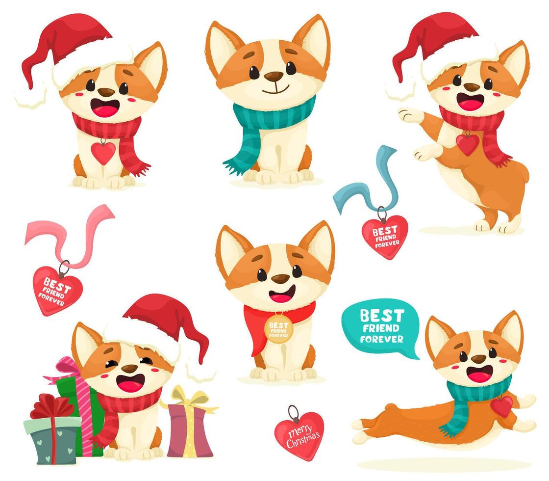Puppies Corgi Set. Christmas Corgi puppies with medallions, gifts. Cute puppy isolates in cartoon flat style. vector