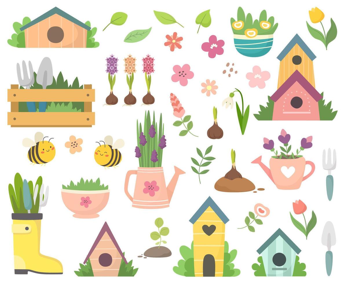 Spring collection with cute bees, flowers, watering cans, birdhouses. Hand drawn flat cartoon elements. vector