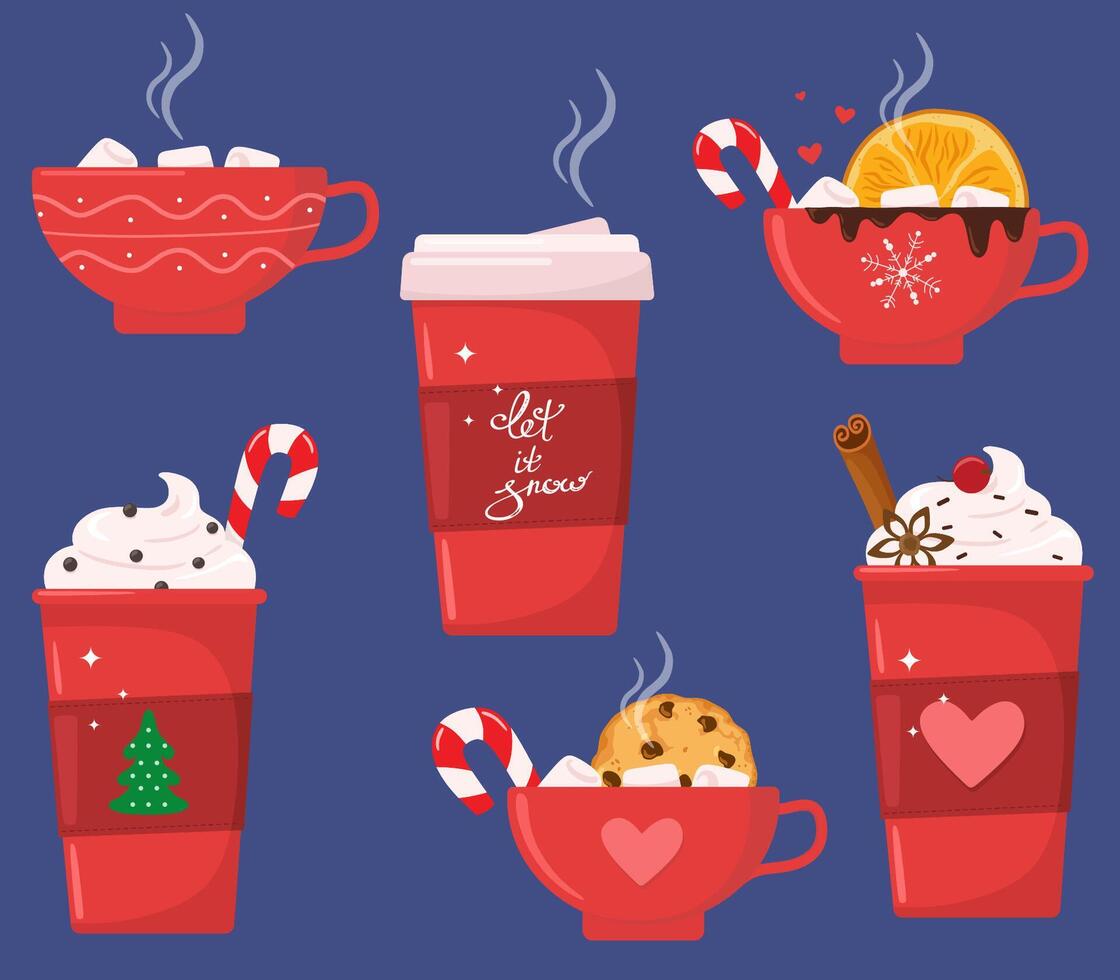 Christmas holiday coffee or chocolate mug. Cocoa with marshmallows, warming winter drinks. vector
