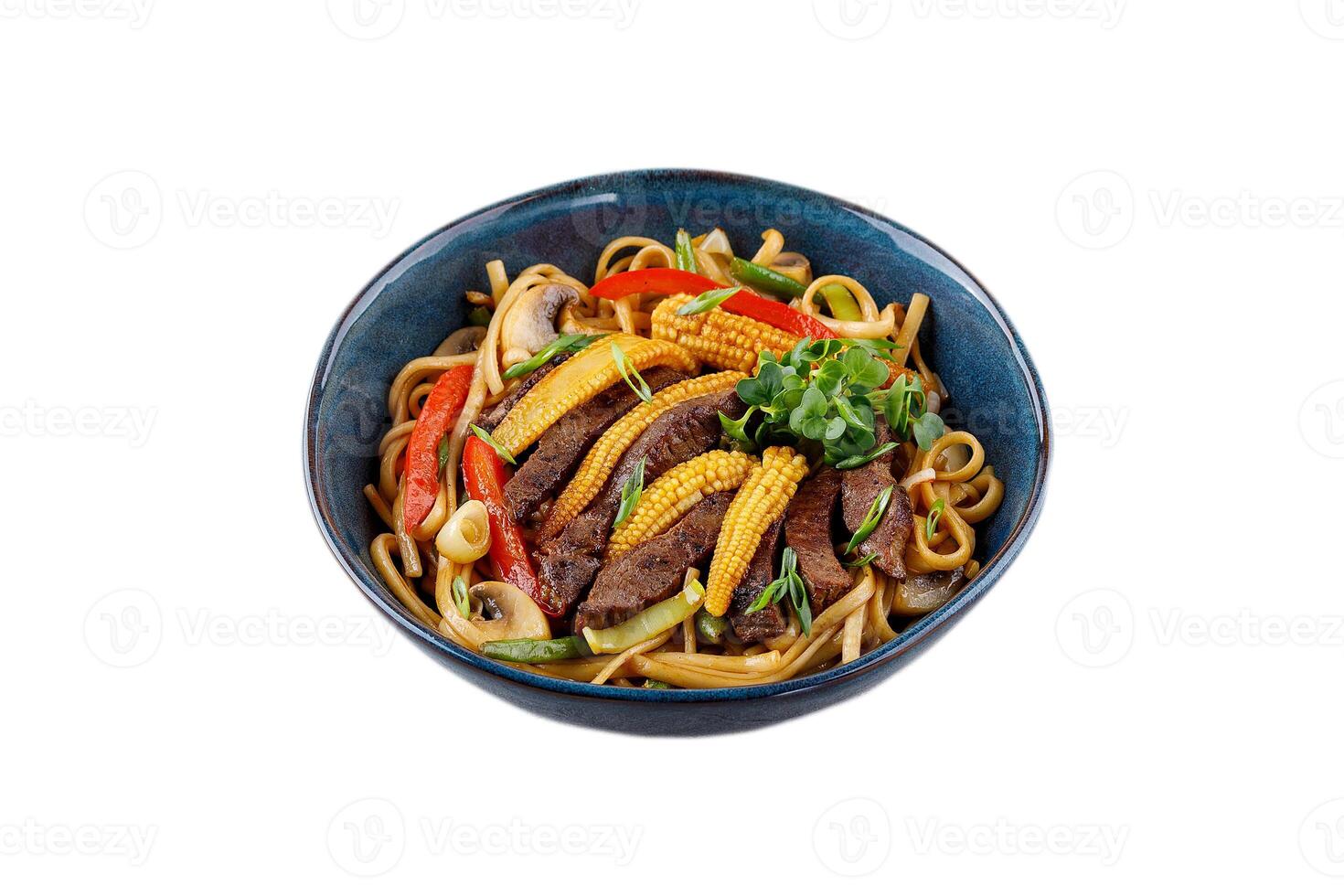 Udon noodles with beef and vegetables for the menu, website, restaurant or food delivery photo