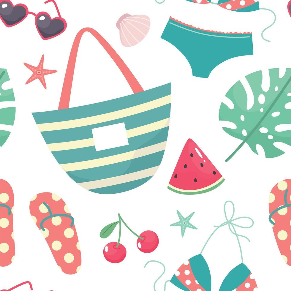 Seamless summer pattern with watermelon, strawberry and cherry, pineapple and tropical leaf. vector