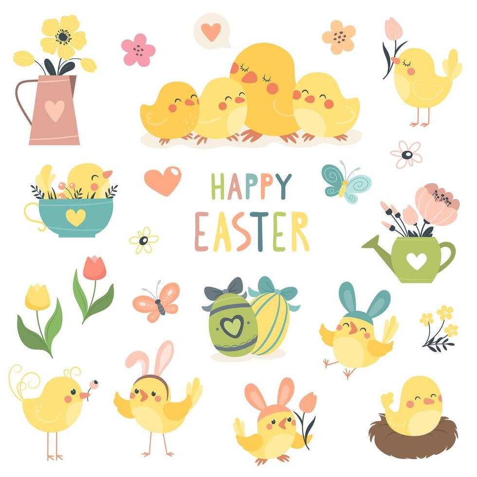 Spring Easter collection with cute birds and flowers. vector