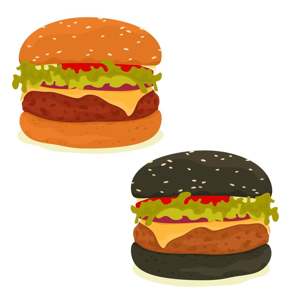 Classic and black hamburger. Burger with lettuce and tomato in cartoon style vector