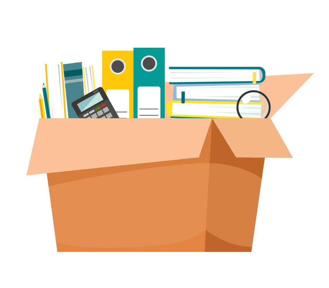 Box with office supplies. Folders, books, magnifier, calculator, pencils, paper vector