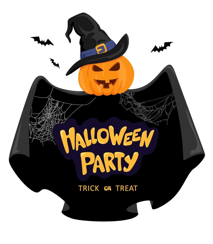 Happy Halloween lettering handwritten text. Cobweb and bats with pumpkin and text on a orange background. Helloween vector