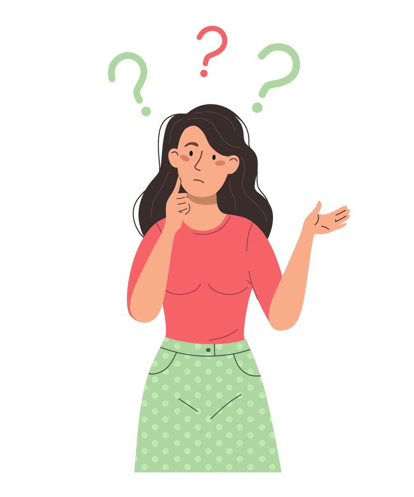 Puzzled and thinking girl with question marks. Person vector