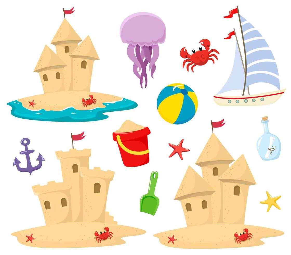 Sandcastle beach icons set with decorative elements in cartoon style. Marine theme. vector