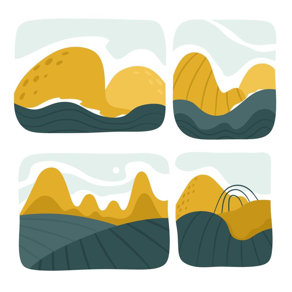 Set of various abstract landscapes. Mountains, hills, rivers, landscapes, backgrounds. Square icons, badges vector