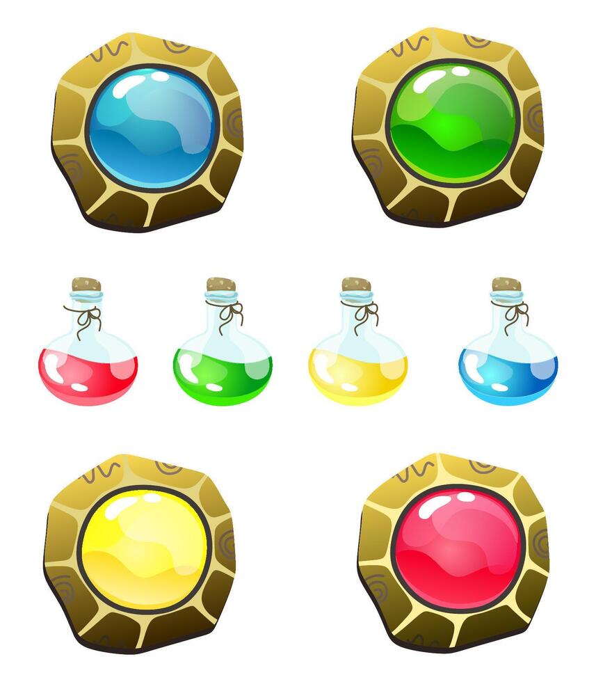 Set of magical fantasy buttons and bottles with liquid. vector