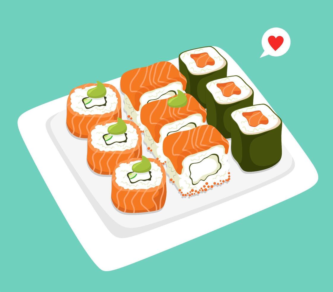 Sushi set in flat cartoon style vector