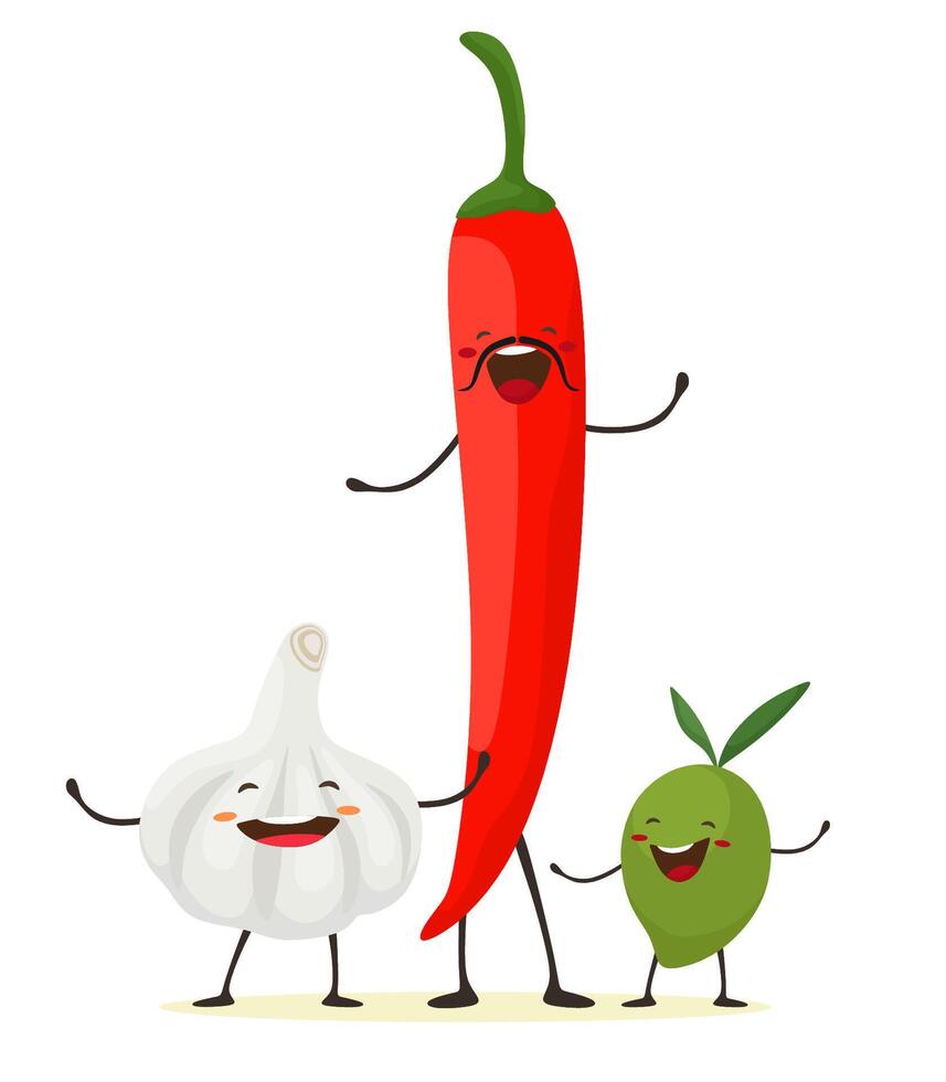 Funny garlic, chili and olive together vector