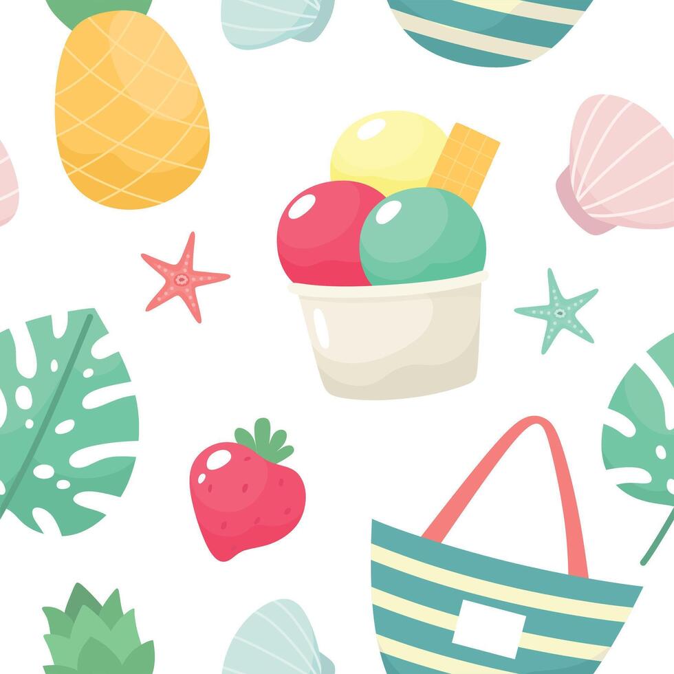 Seamless summer pattern with watermelon, strawberry and cherry, pineapple and tropical leaf. vector