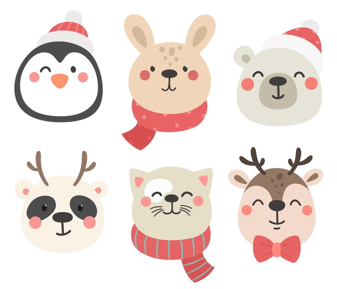 Collection of cute animals in Christmas hats and scarves. vector