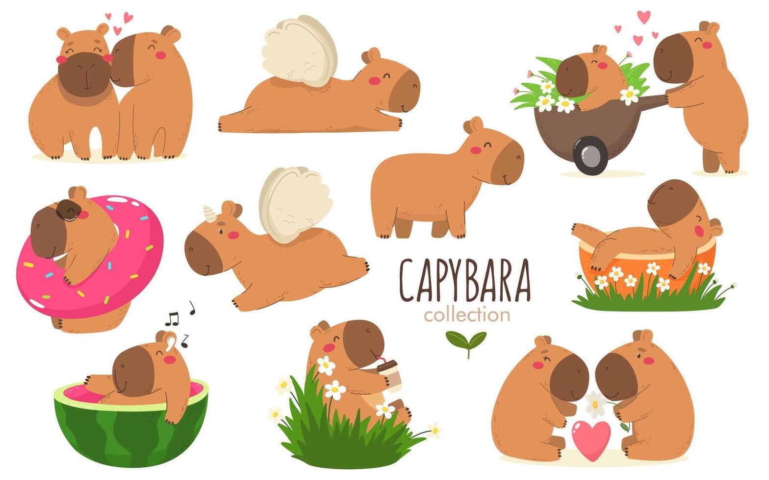 Collection of happy Capybaras, capybara characters in cartoon flat style vector