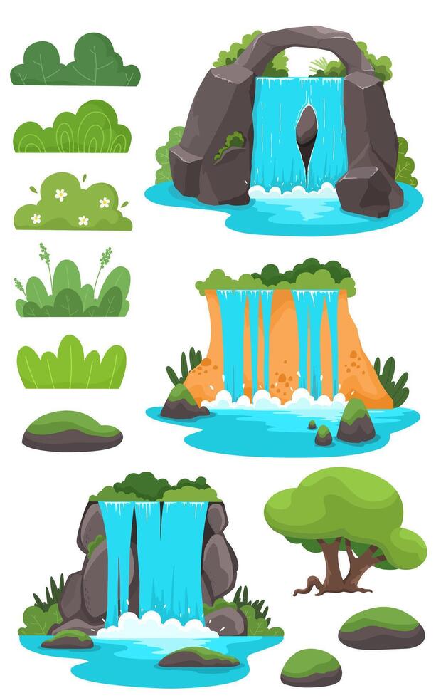Collection of waterfalls, trees, bushes. Gaming platform, cartoon forest landscape vector