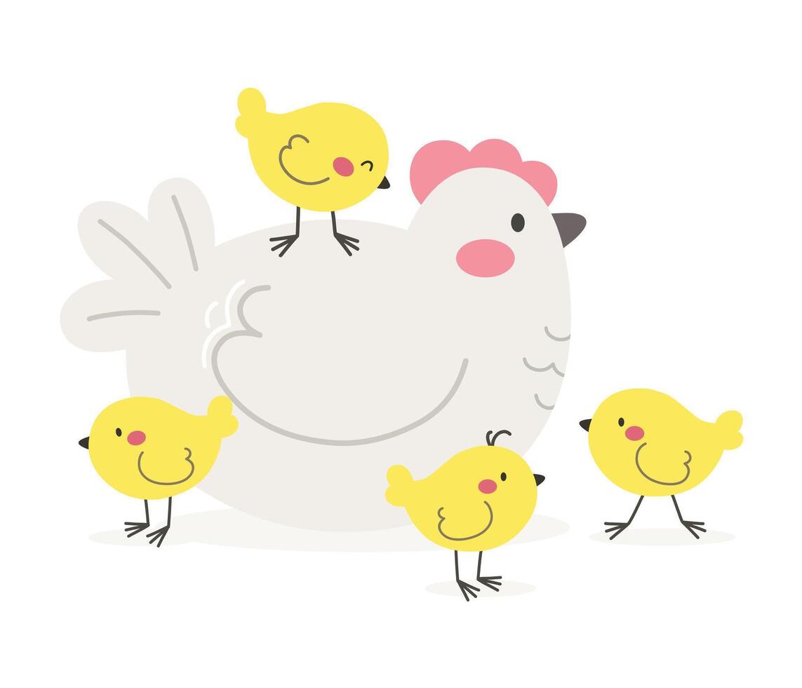 Mother hen with chicks, cartoon character in flat style. . vector