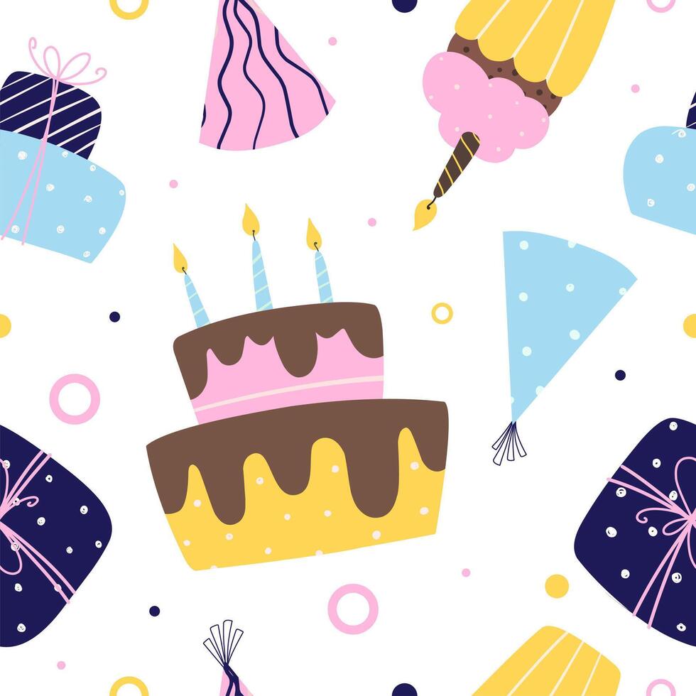 Birthday celebration flat hand drawn seamless pattern vector