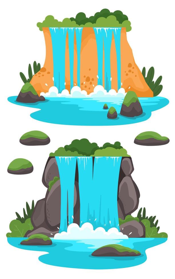 Waterfalls and stone islands. Gaming platform, cartoon forest landscape vector
