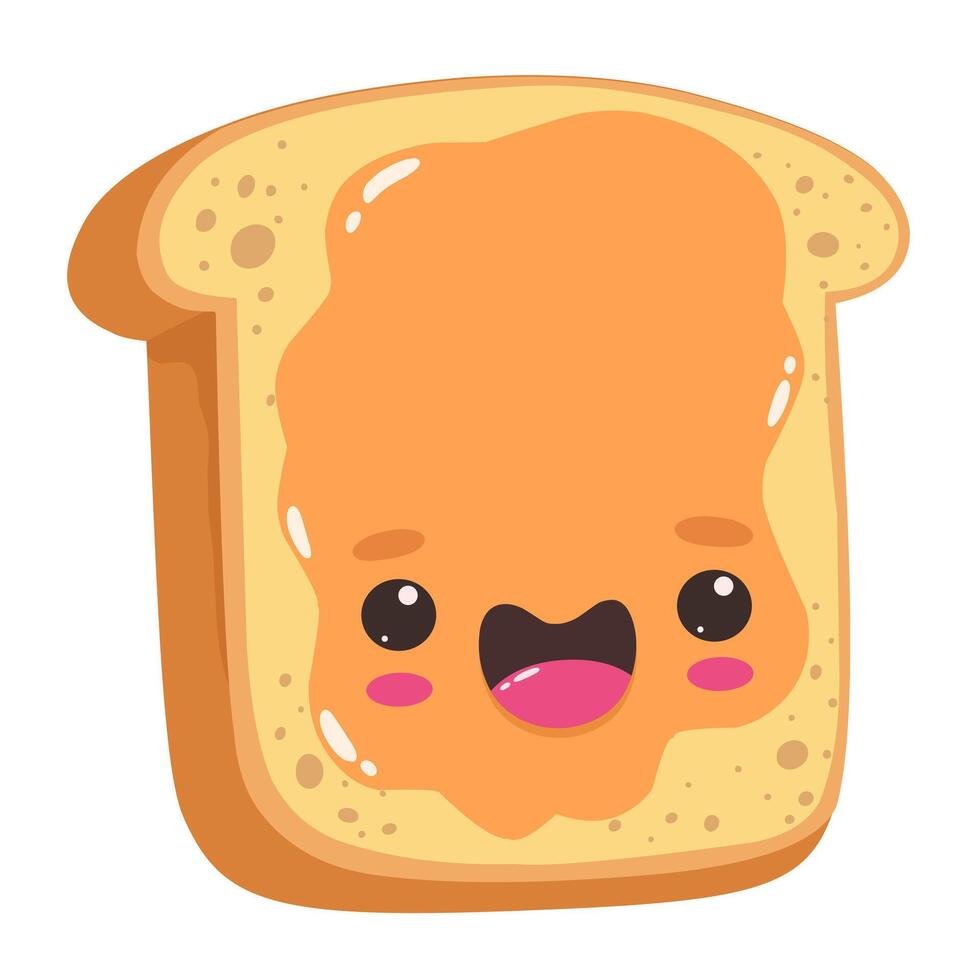 Caramel toast, cute and cartoon character with happiness emotion, food. vector