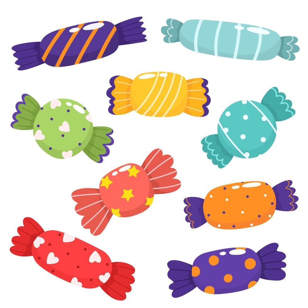 Collection of candies in flat cartoon style. vector