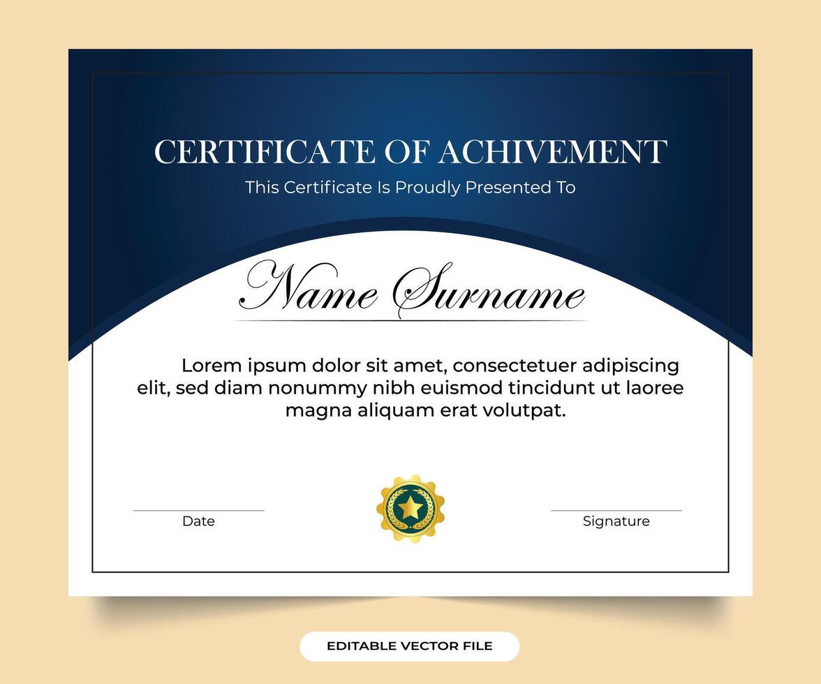 Elegant certificate of achievement with blue and golden badge. calligraphy Award and Achievement credentials designed for appreciation and honor Certificate document of achievement vector