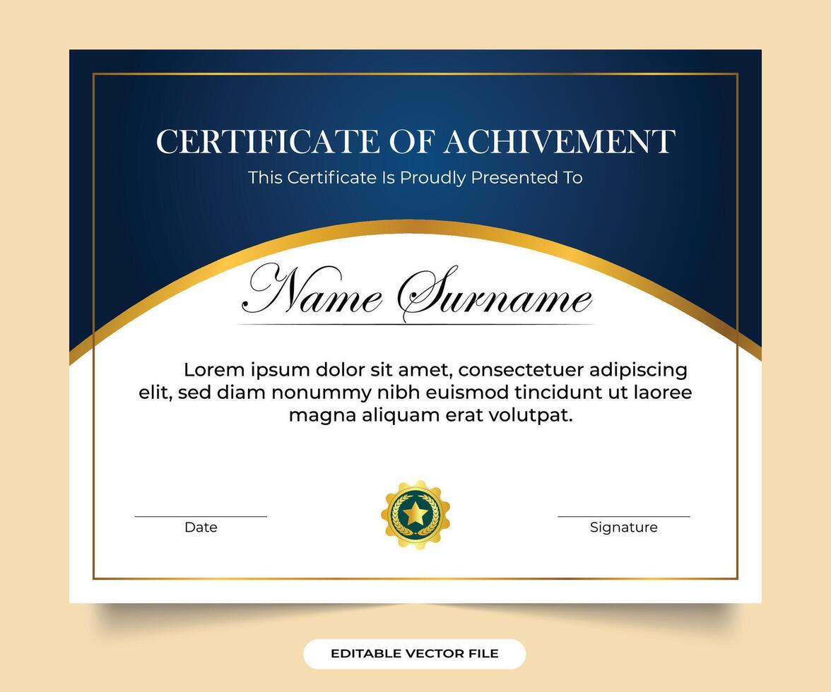 Elegant certificate of achievement with blue and golden badge. calligraphy Award and Achievement credentials designed for appreciation and honor Certificate document of achievement vector