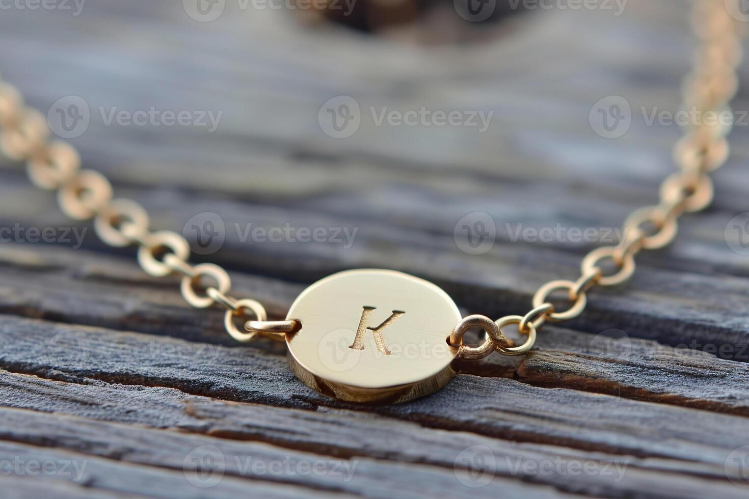 Golden Initial Anklet with K initial on wood Surface Close Up for Jewelry Design. photo