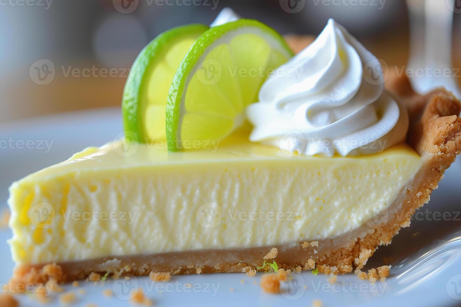 Close Up of Key Lime Pie with Lime Slices and Whipped Cream. photo