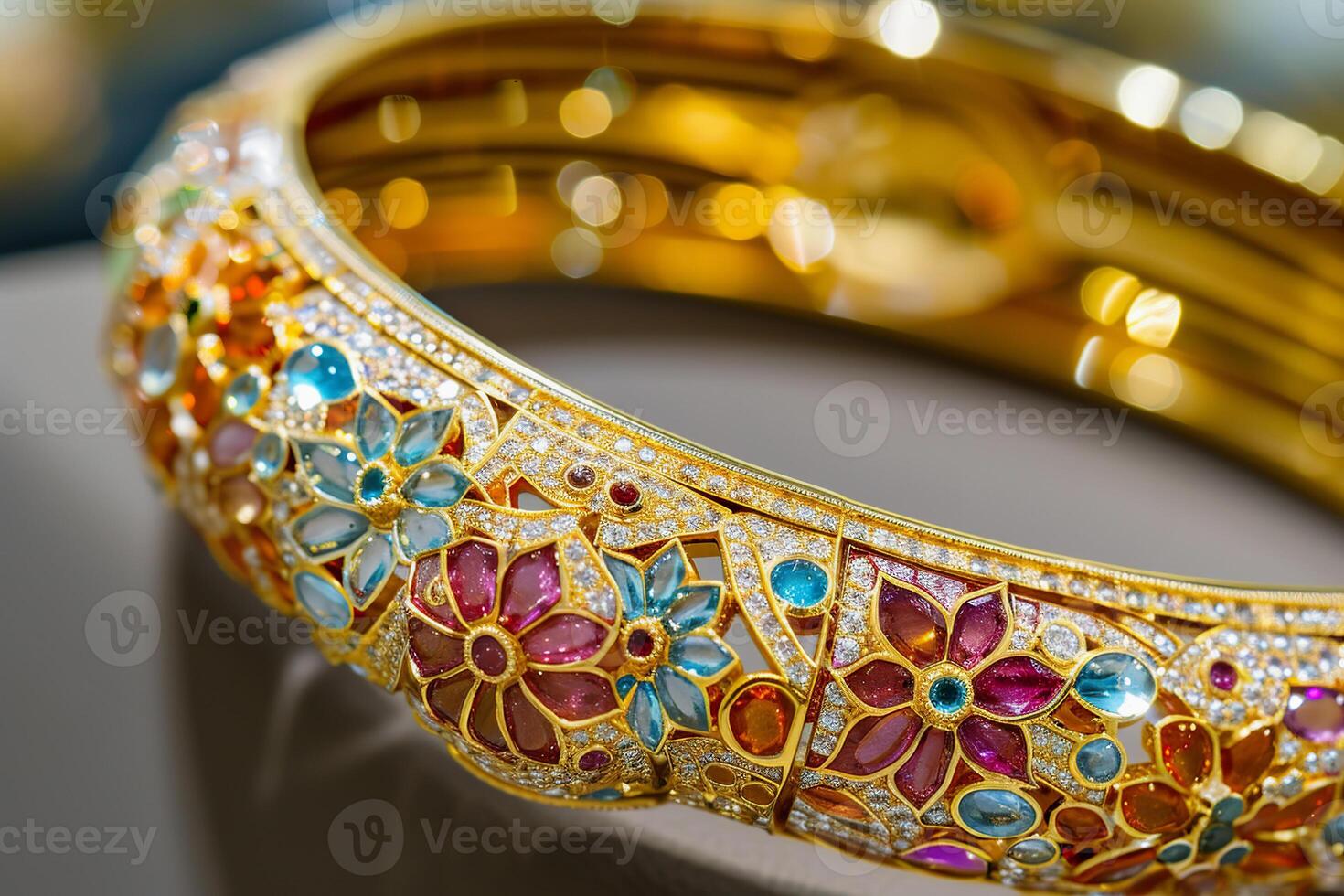 Elegant Floral Gold Bangle Bracelet with Gemstone Inlays for Fashion Accessories. photo