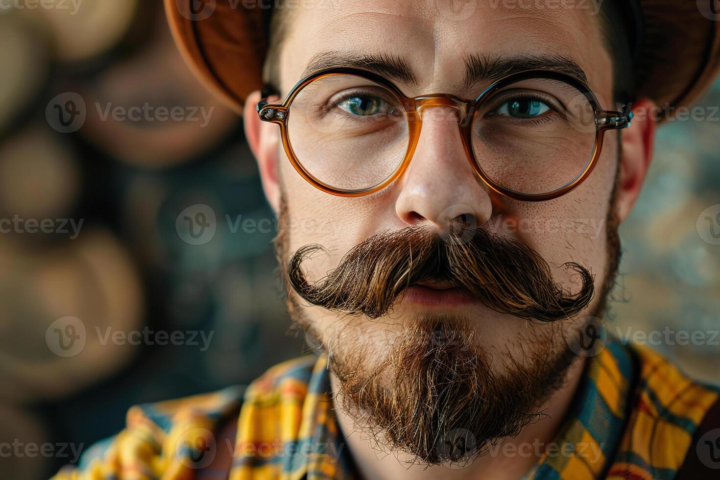 Close up portrait of hipster man with glasses, hat, and mustache, rustic setting photo