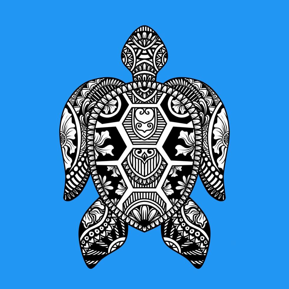 Turtle drawn in . Mandala. Artistic drawing of a turtle in the style of a mandala. India. Indian culture. Sea creatures. Tattoo. Turtle mandala. Logo. vector