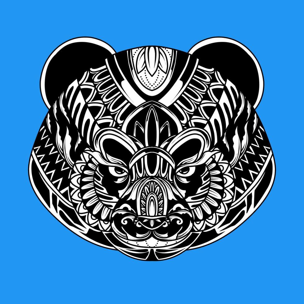 Panda face pattern on ornament background. Portrait of giant panda isolated on white background. Painted ethnic ornament. Chinese style. Tribal ornament painted by hand. Series ethnic animals. vector