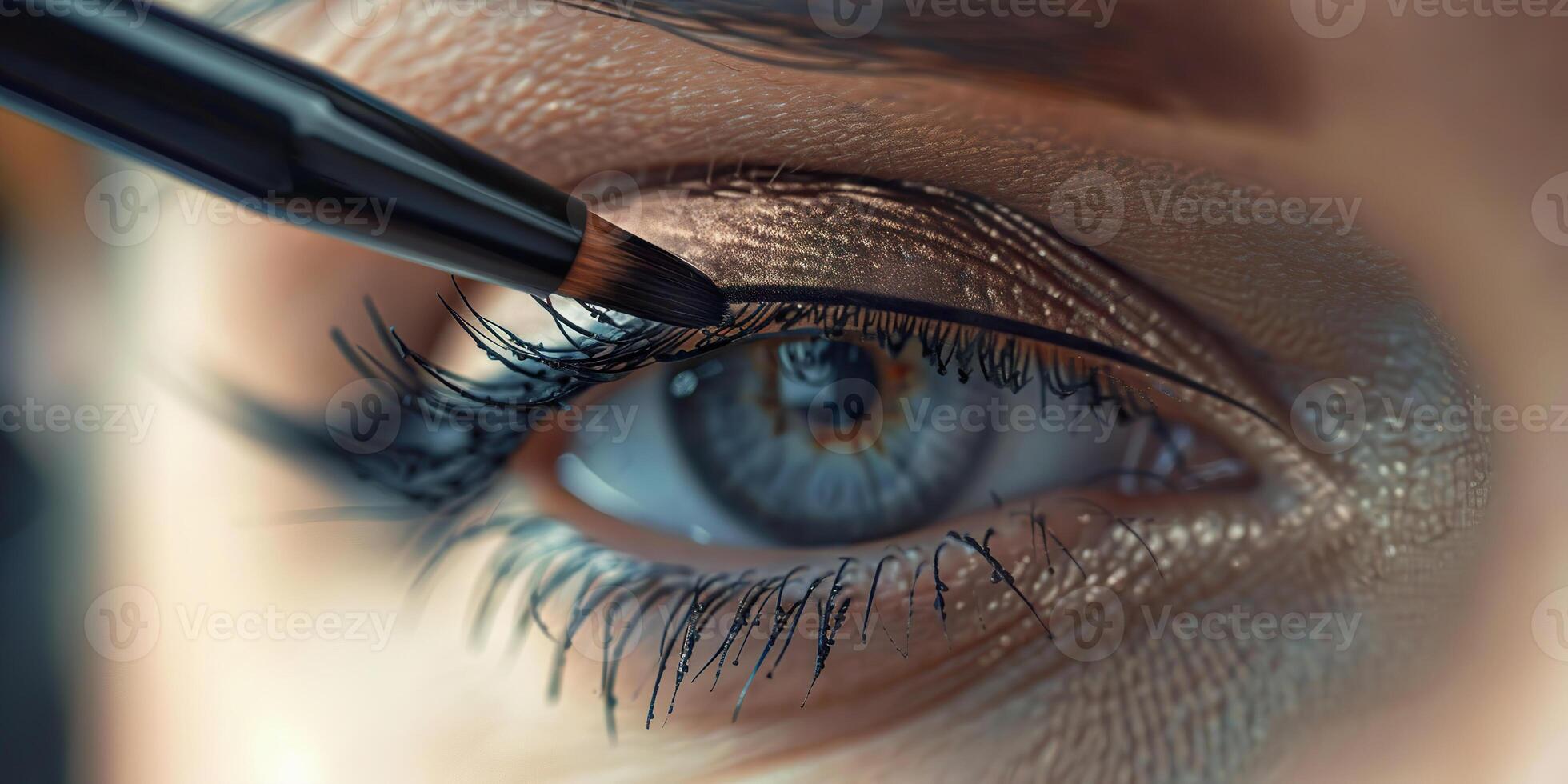 Close up of Eye with Precision Eyeliner Makeup Application. photo