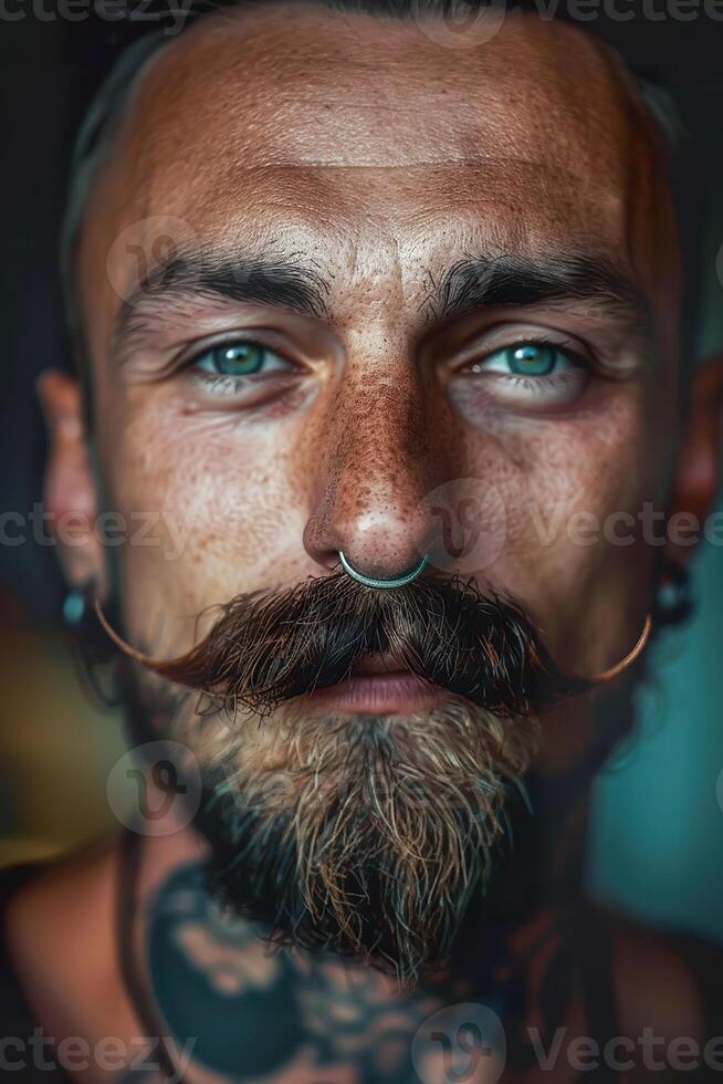 Close up portrait of a modern man with a mustache, piercing and tattoos photo