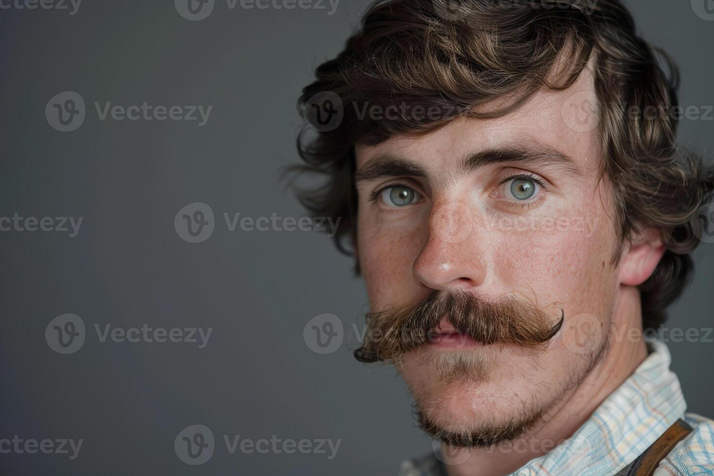 Close up portrait of a man with a distinctive mustache, blue eyes, and wavy hair photo