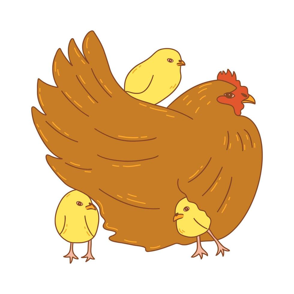Red hen with yellow chicks. Mother chicken with small children vector