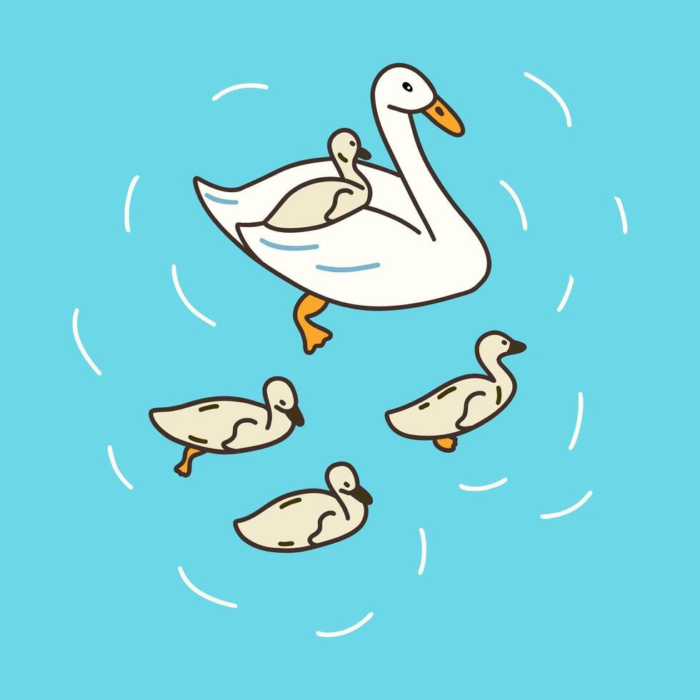 Mother goose with little ducklings swim in lake. vector
