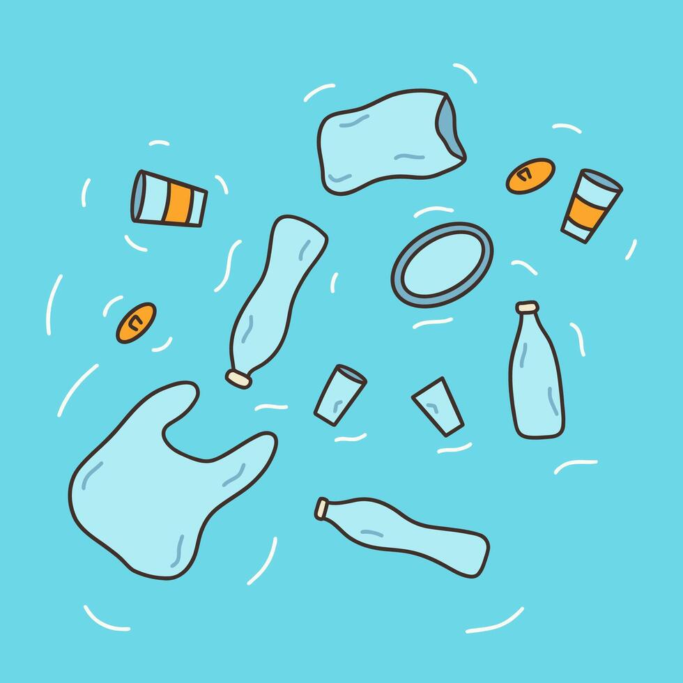 Plastic trash floats in the water. hand drawn vector