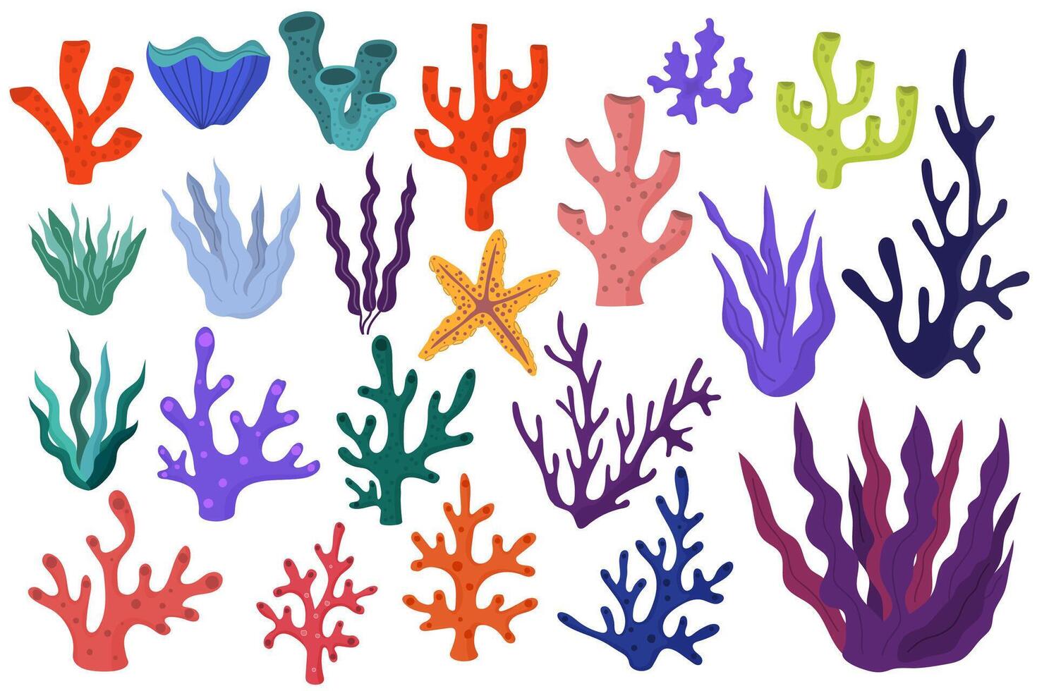 Ocean or sea coral reefs and seaweed collection isolated on white background. vector