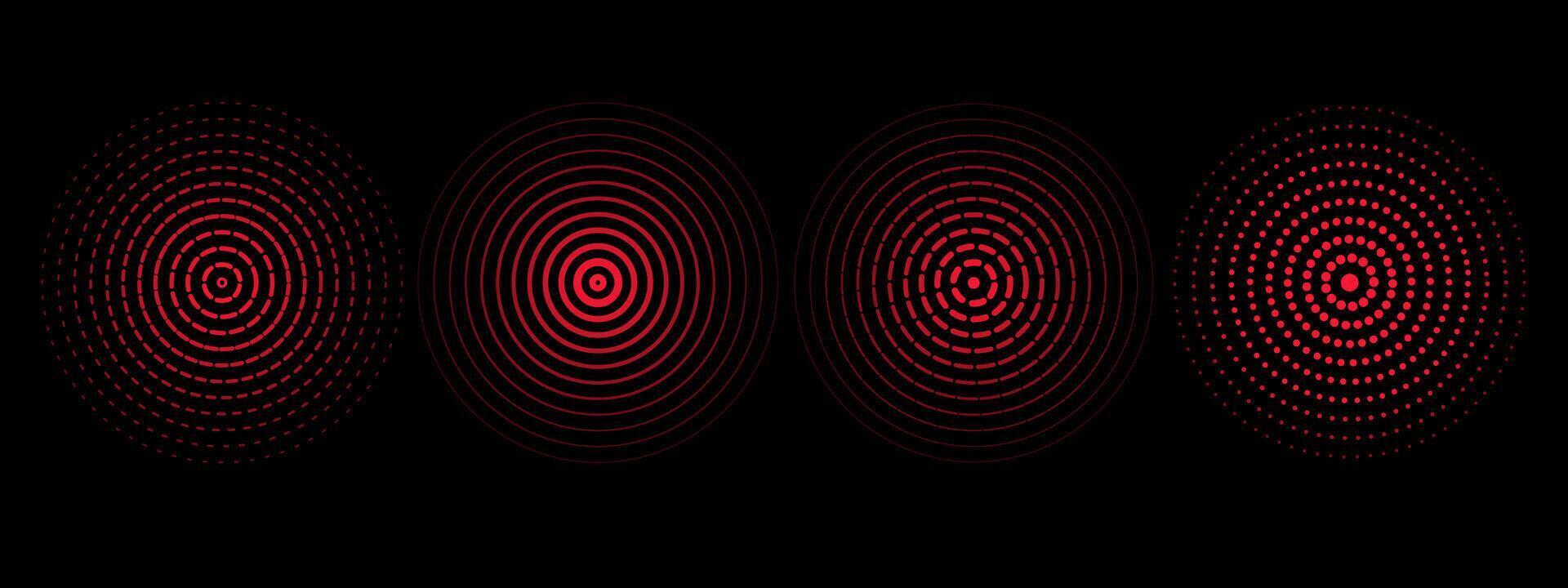 Set of red sound wave rings of discontinuous lines and dots. Rings with radial lines. Target icon, epicenter. Concentric vortex circles. illustration on black background vector