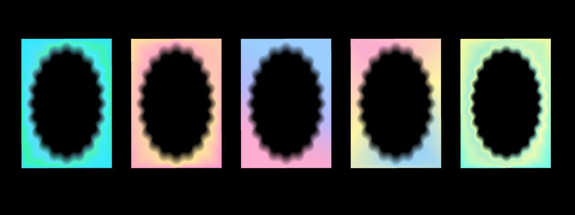 Set of rectangular gradient frames with wavy oval inner borders with blur. Retro frames with zigzag edges. Decorative design elements, for cards, photos, invitations. illustration on black background vector