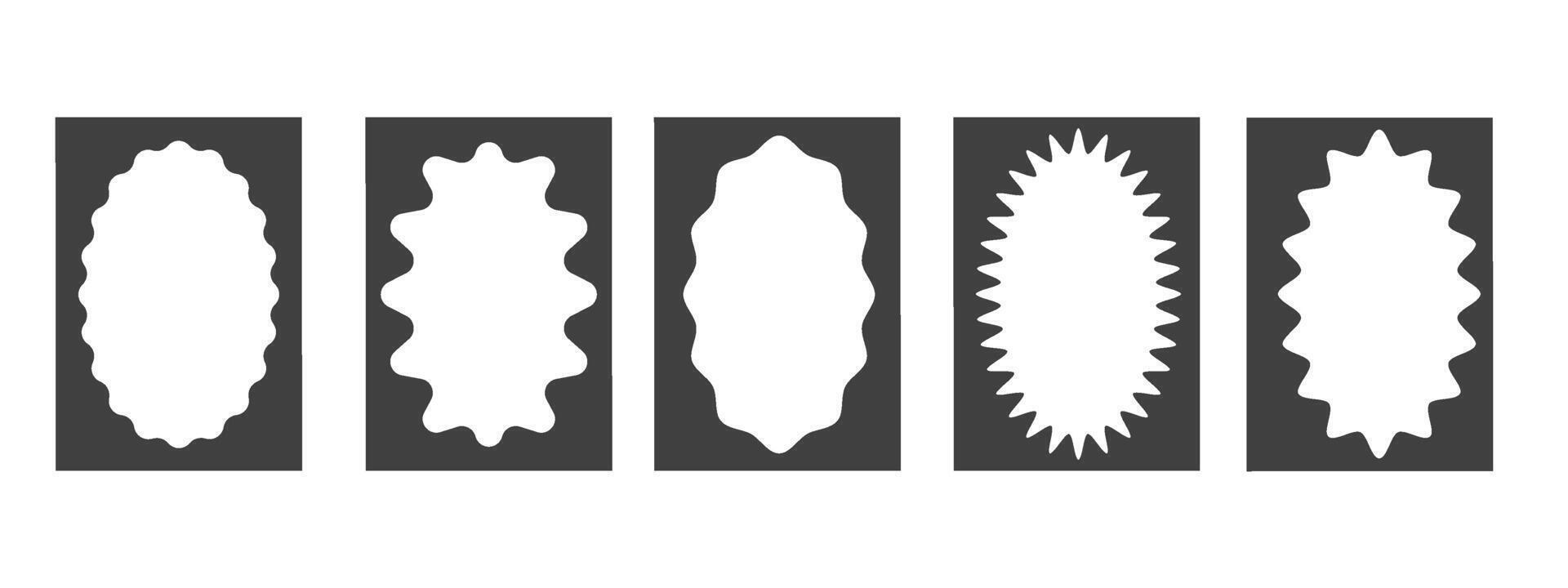 Set of rectangular black frames with wavy oval inner borders. Retro frames with zigzag blurred edges. Decorative design elements, for cards, photos, invitations. illustration. vector