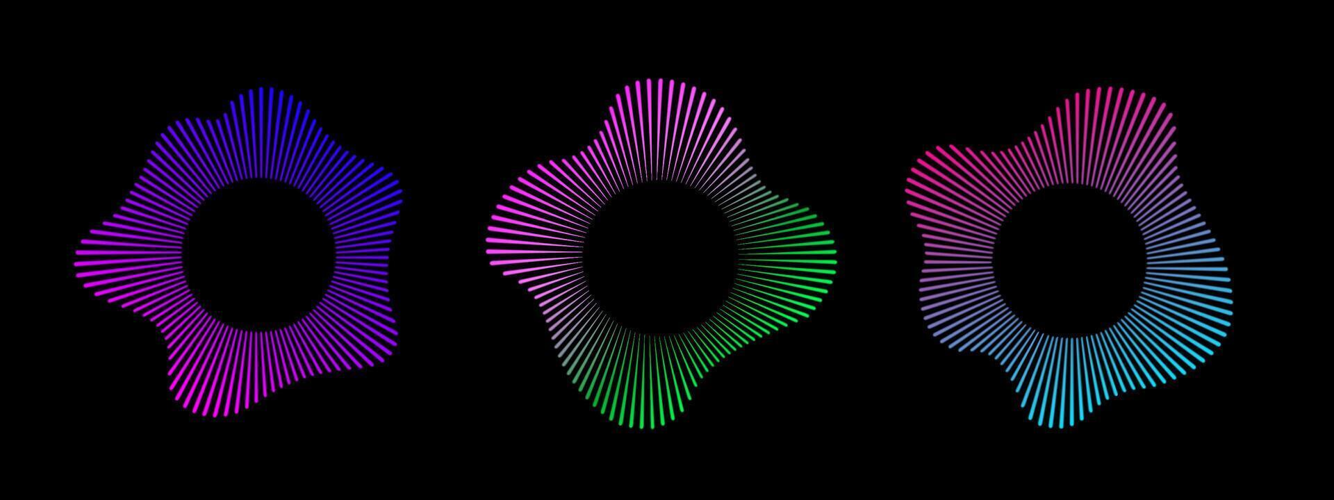 A set of neon equalizers on a black background. Audio multicolor waves. Radial curve of audio wave. illustration. vector